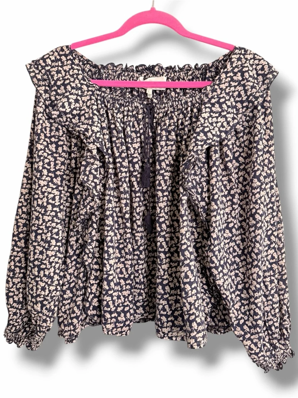 THE GREAT The Song Ruffle Front Tassel Tie Top Size 2 US Medium Navy Blue /Tan